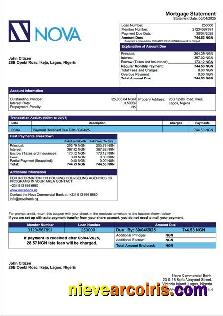 Nigeria Nova Commercial Bank mortgage statement Word and PDF template